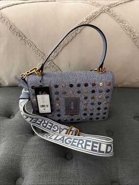 KARL LAGERFELD Light Blue Studded Shoulder Bag with Branded Strap